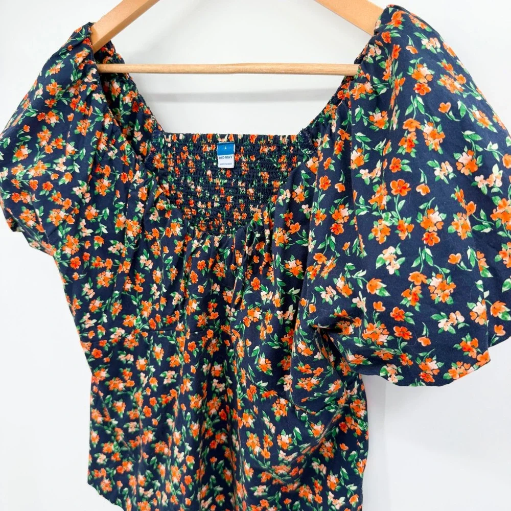 Old Navy Women's L Navy Floral Puff Sleeve Smocked Back Fall Cottagecore Blouse